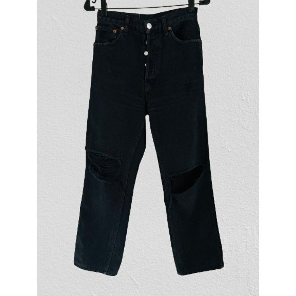 RE/DONE Denim Distressed Pants Strait Cut High Rise Front Buttons  Size 27